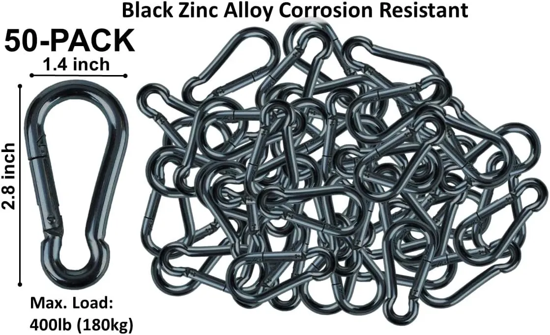 | 50 Pack and 100 Pack | Bulk Heavy Duty Carabiner Snap Clip Hooks |Black, Zinc and Stainless | Contractors, Gyms, Fitness Centers, Business, Industrial