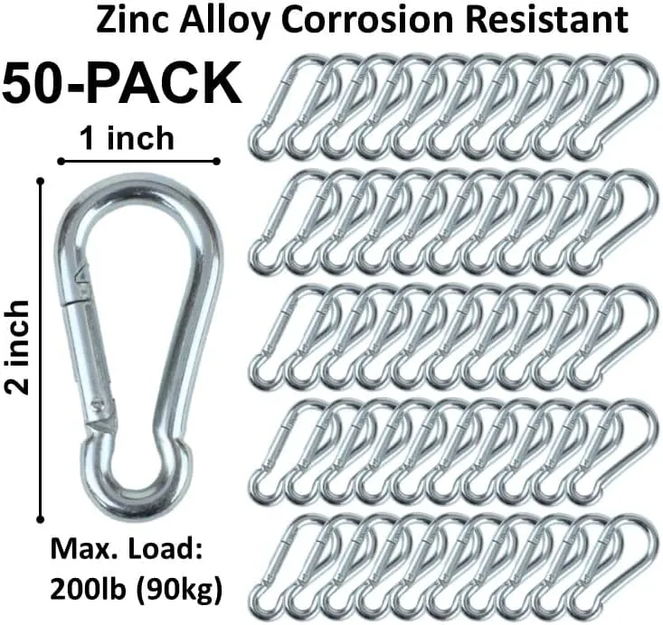 | 50 Pack and 100 Pack | Bulk Heavy Duty Carabiner Snap Clip Hooks |Black, Zinc and Stainless | Contractors, Gyms, Fitness Centers, Business, Industrial