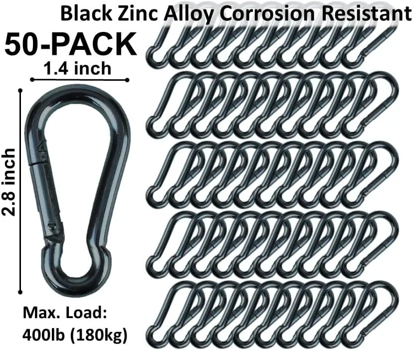| 50 Pack and 100 Pack | Bulk Heavy Duty Carabiner Snap Clip Hooks |Black, Zinc and Stainless | Contractors, Gyms, Fitness Centers, Business, Industrial