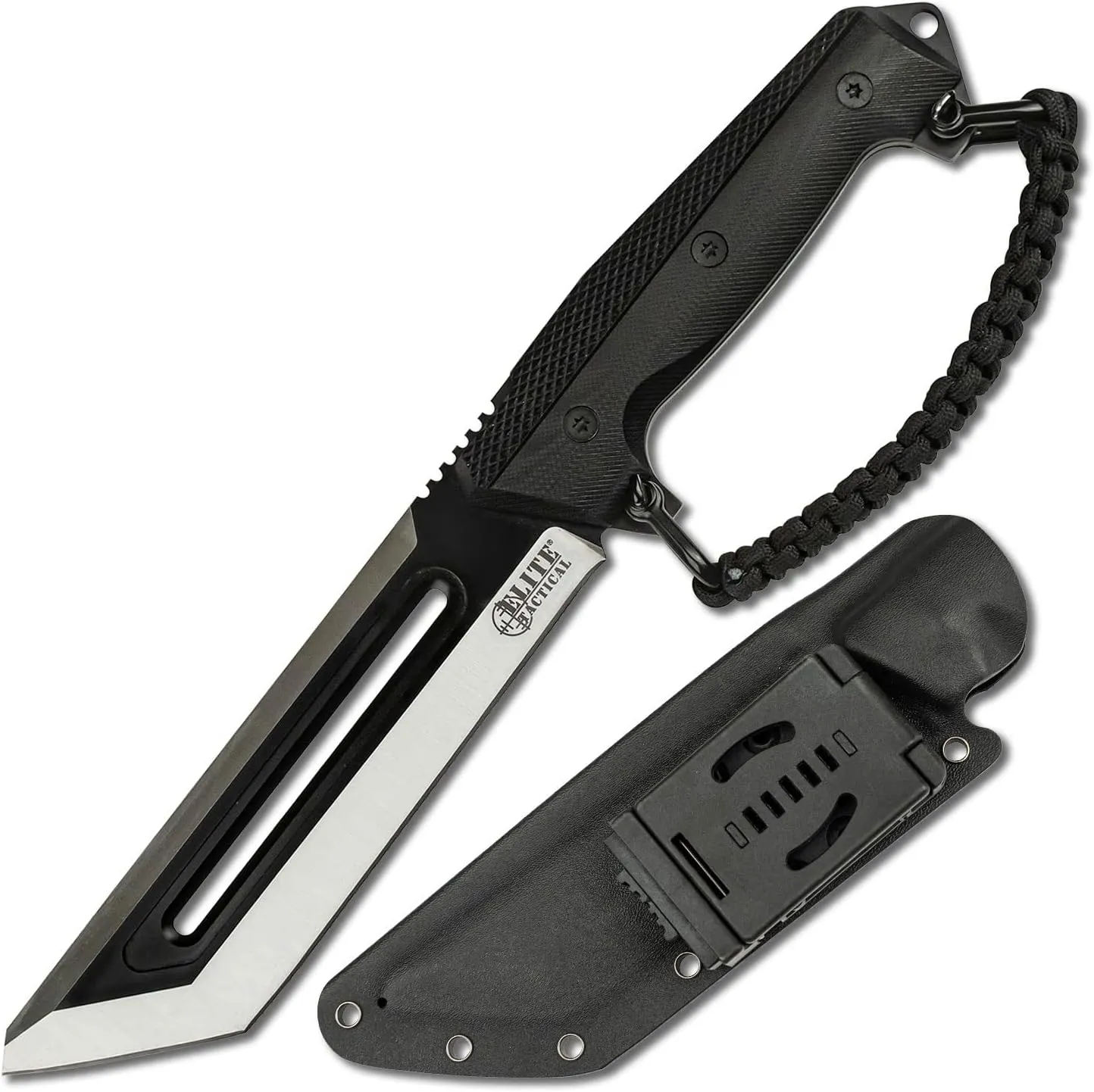 -Fixed Blade Knife - The RIG - Fine Edge Tanto Blade with Black G10 Handle, Full Tang Construction, 550 Paracord D Guard, Kydex Sheath with Multi-Position Clip, Tactical, ET-FIX004BK