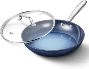 10 Inch Nonstick Frying Pan with Lid, Ceramic Skillet, Effortless Cleaning,10 inch Small Pan with Heat-Resistant Handle, Compatible with All Stoves, Gradient Blue
