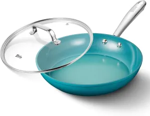 10 Inch Nonstick Frying Pan with Lid, Ceramic Skillet, Omelet Pan, Effortless Cleaning,10 inch Small Pan with Heat-Resistant Handle, Compatible with All Stoves, Cyan