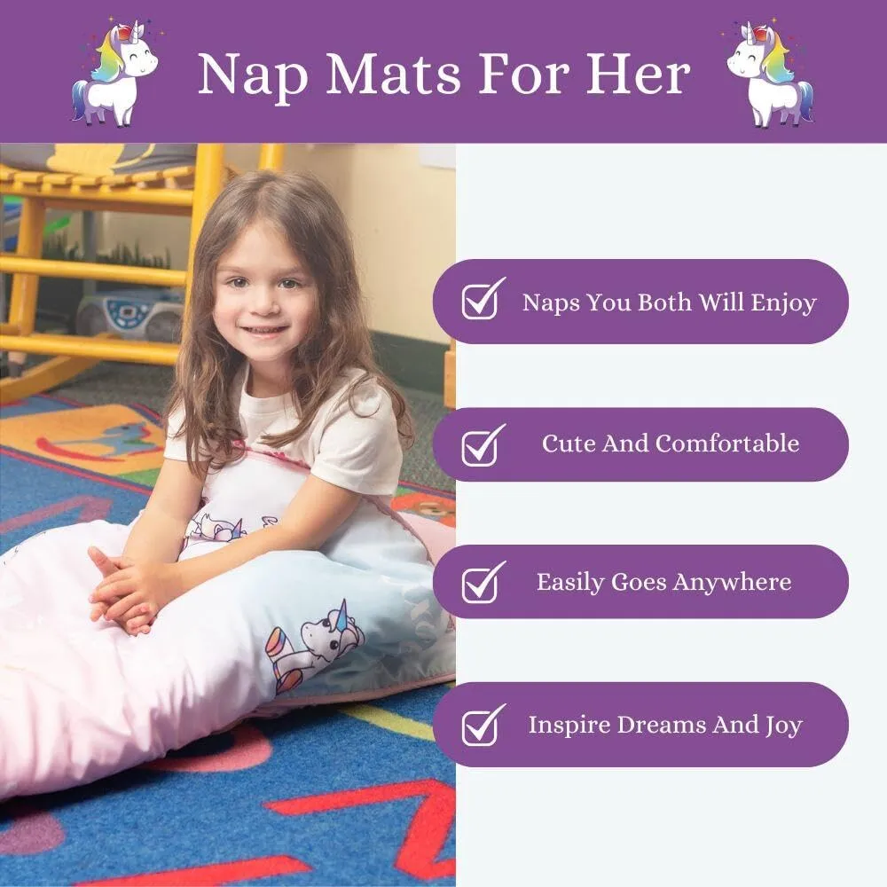 100 UNICORNS Portable Toddler Nap Mat | Sleeping Bag & Cot Alternative | Perfect Toddler Bed for Travel | Includes A Cozy & Soft Blanket | Removable Pillow | Ideal for Kids in Daycare & Preschool