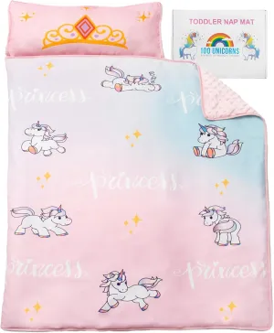 100 UNICORNS Portable Toddler Nap Mat | Sleeping Bag & Cot Alternative | Perfect Toddler Bed for Travel | Includes A Cozy & Soft Blanket | Removable Pillow | Ideal for Kids in Daycare & Preschool