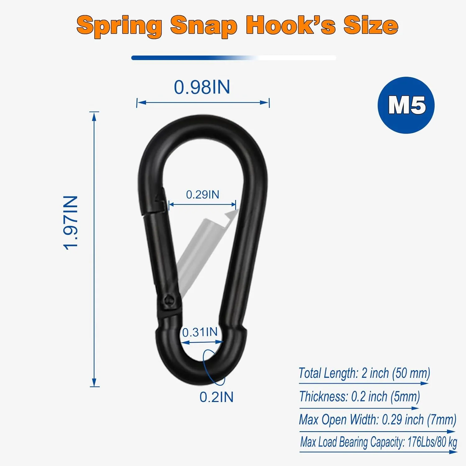 100PCS Black Carabiner Clip, M5 2Inch Spring Snap Hook Quick Link Small Carabiner Clips, 3/16'' Spring Carabiner Link Buckle for Fishing Camping Hammock Dog Leashes-220LBS Holding Capacity.