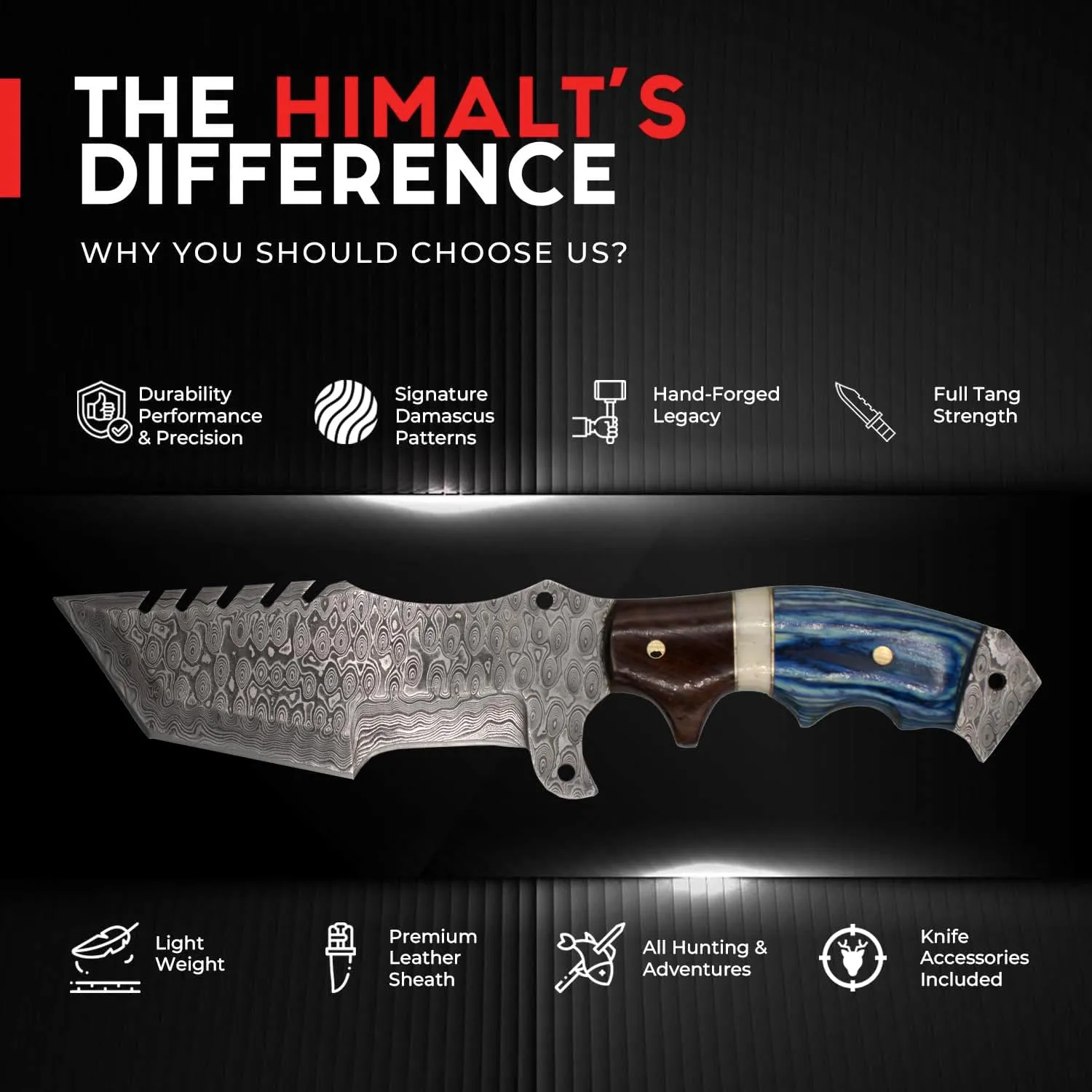 10.5” Damascus knife-Fixed Blade Hunting Knife with Sheath-Bushcraft knife-Survival Knife-Camping knife- Ideal For EDC, skinning, Camping, Outdoor-Best Hunting Knives For Men.Rose wood, Camel Bone & Pakka Blue Handle