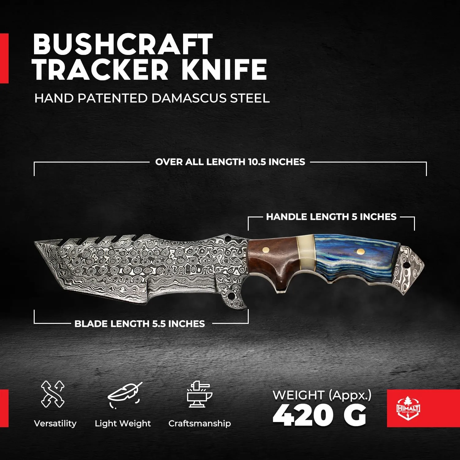 10.5” Damascus knife-Fixed Blade Hunting Knife with Sheath-Bushcraft knife-Survival Knife-Camping knife- Ideal For EDC, skinning, Camping, Outdoor-Best Hunting Knives For Men.Rose wood, Camel Bone & Pakka Blue Handle