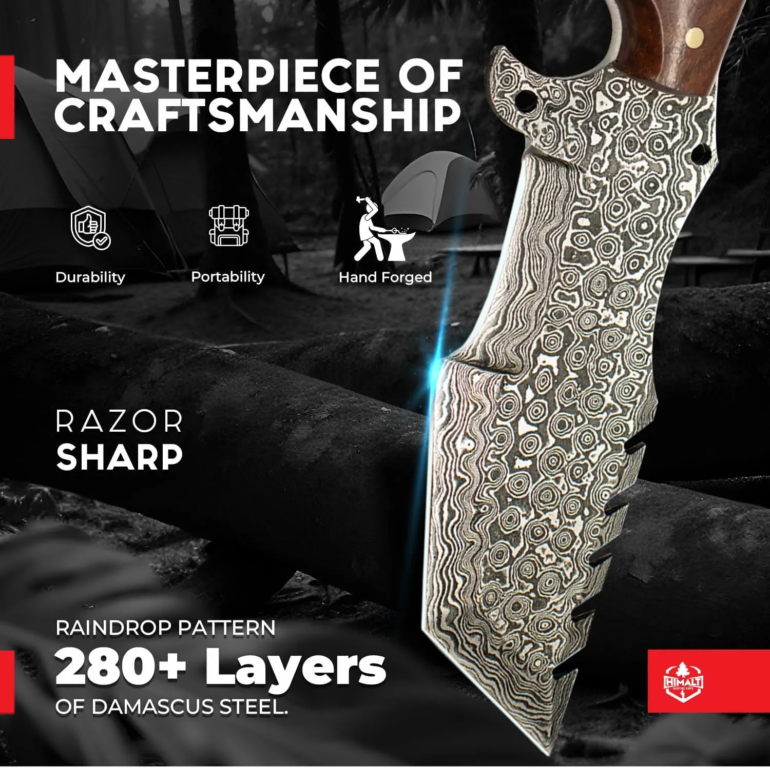 10.5” Damascus knife-Fixed Blade Hunting Knife with Sheath-Bushcraft knife-Survival Knife-Camping knife- Ideal For EDC, skinning, Camping, Outdoor-Best Hunting Knives For Men.Rose wood, Camel Bone & Pakka Blue Handle