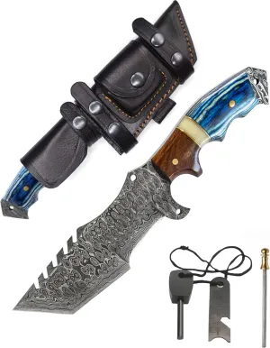 10.5” Damascus knife-Fixed Blade Hunting Knife with Sheath-Bushcraft knife-Survival Knife-Camping knife- Ideal For EDC, skinning, Camping, Outdoor-Best Hunting Knives For Men.Rose wood, Camel Bone & Pakka Blue Handle