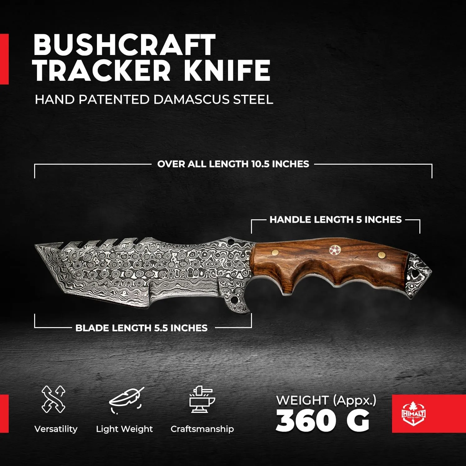 10.5” Handmade Damascus knife- Fixed Blade Hunting Knife with Sheath-Rosewood Handle-Bushcraft knife-Survival Knife-Camping knife- Ideal For EDC, skinning, Camping, Outdoor-Best Hunting Knives For Men.