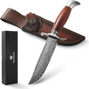 10.5 Inch Bowie Knife with Sheath, Outdoor Hunting Survival Bushcraft Fixed Blade Knife (C-Japanese Type-Damascus Blade)