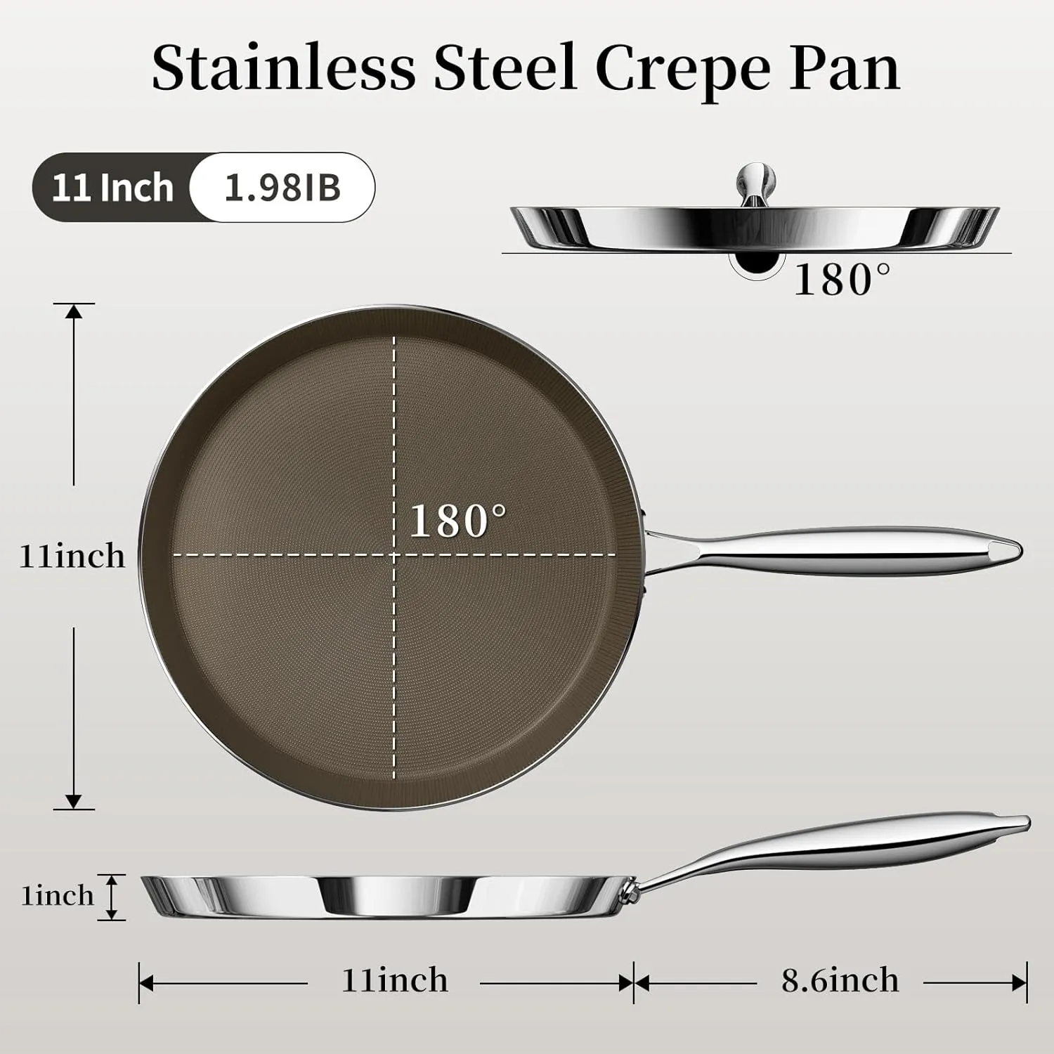 11 Inch Stainless Steel Crepe Pan - Titanium Ceramic Nonstick Crepe Pan, Stainless Steel Pancake Pan, Non Stick Flat Skillet Tawa Dosa Tortilla Griddle Pan, Induction Compatible, PFOA&PFAS Free