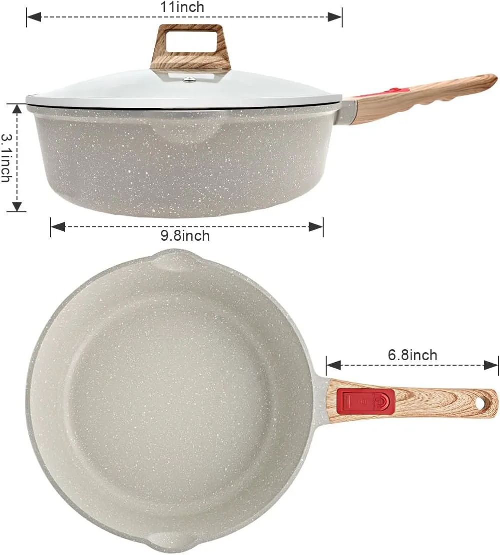 11 Inch/5Qt Nonstick Deep Frying Pan with Lid, Non Stick Skillet with Removable Handle, Aluminum Sauté Pan Compatible with All Stovetops, Dishwasher& Oven Safe (White)