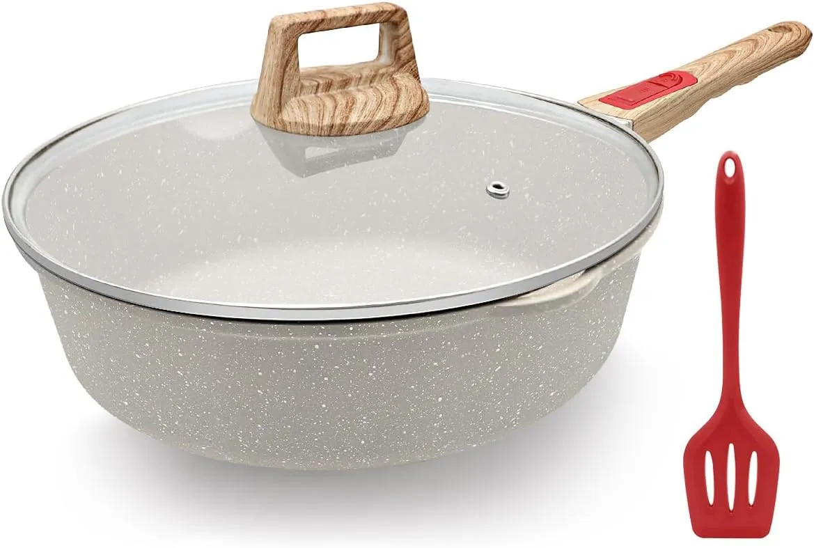 11 Inch/5Qt Nonstick Deep Frying Pan with Lid, Non Stick Skillet with Removable Handle, Aluminum Sauté Pan Compatible with All Stovetops, Dishwasher& Oven Safe (White)