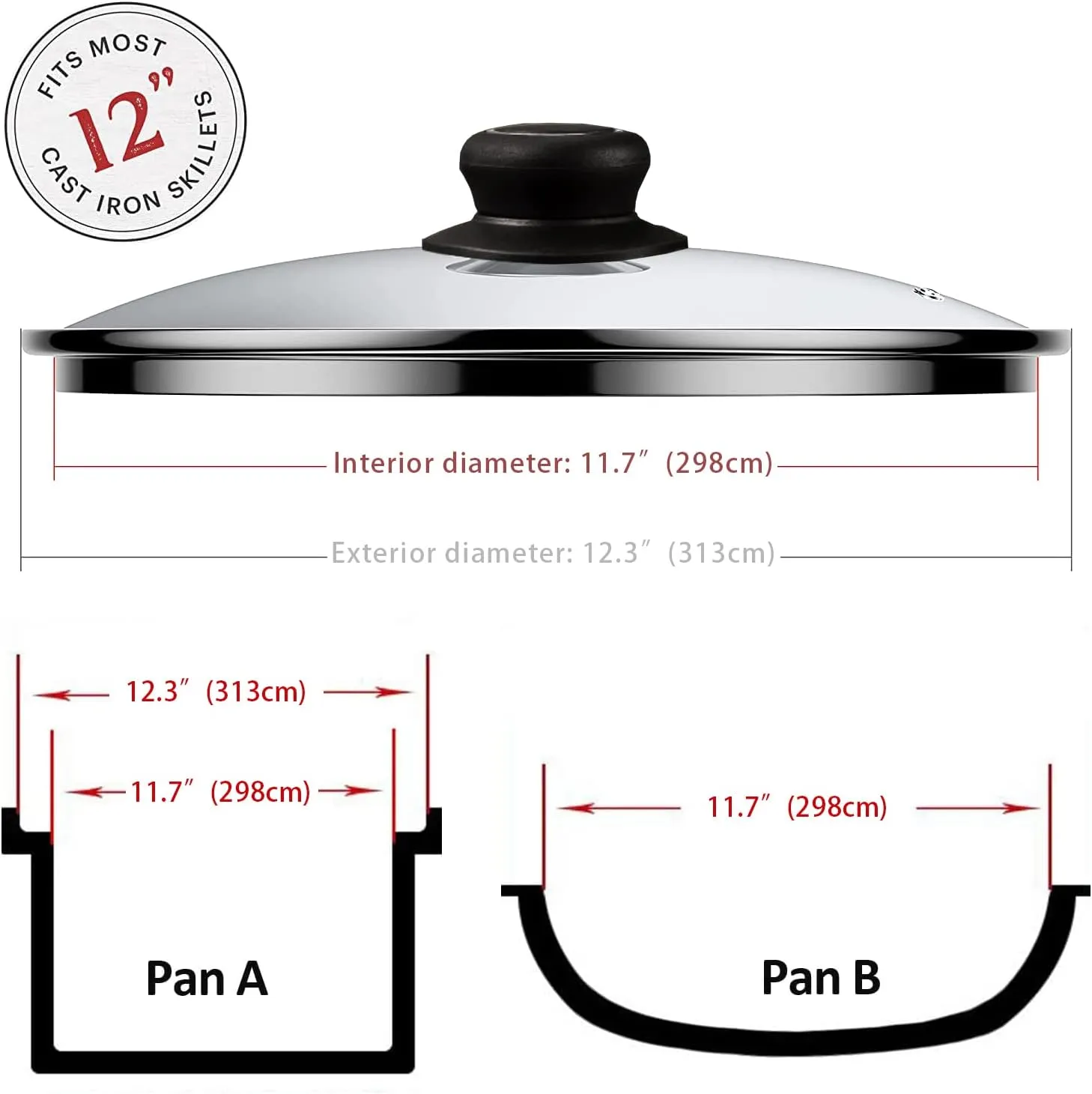 12 Inch Glass Lid for Frying Pan, Fry Pan, Skillet, Pan Lid, Fits Lodge 12 Inch Cast Iron Skillets and 7 Quart Dutch Ovens 12"/30cm, Clear