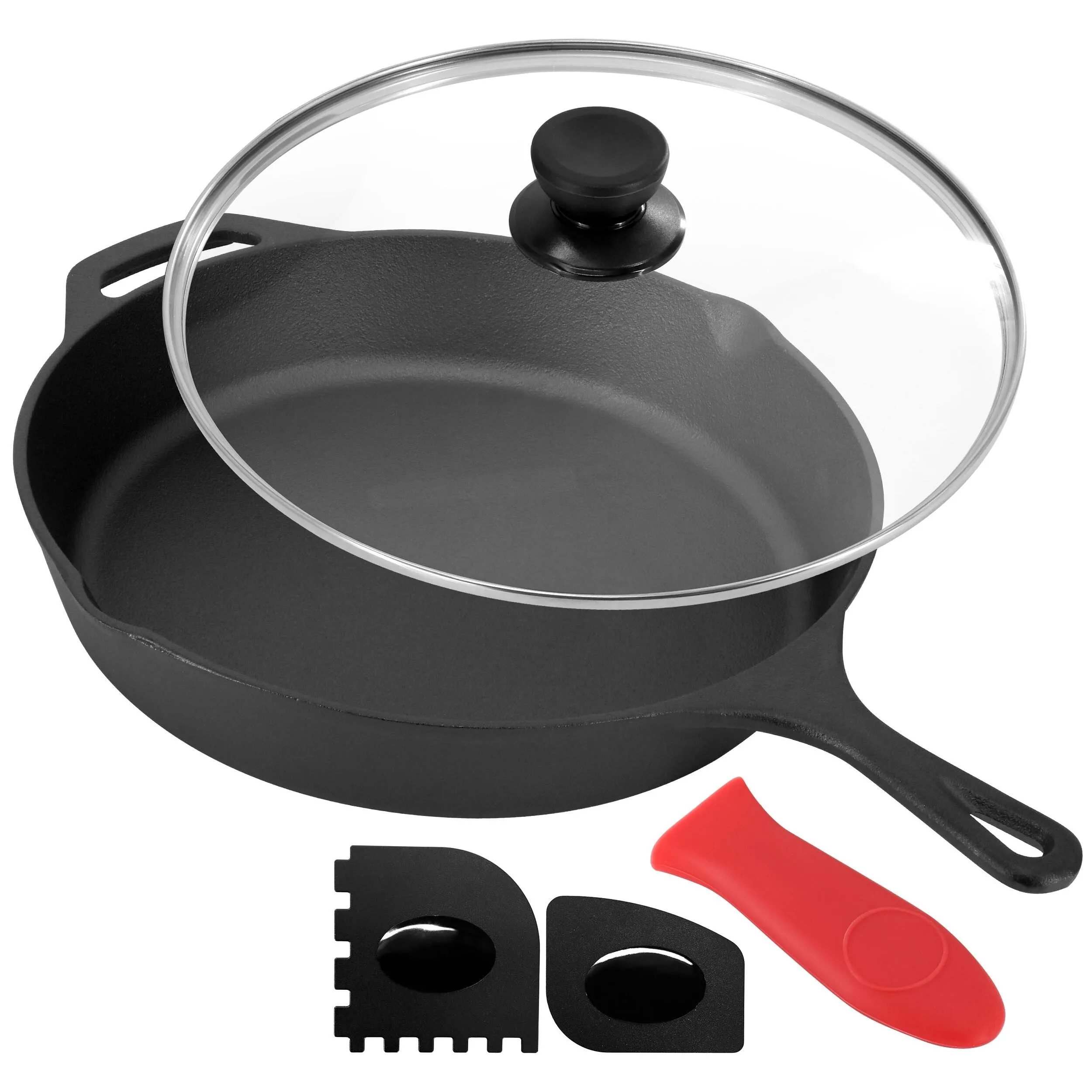 12 Inch Pre-Seasoned Cast Iron Skillet Includes Glass Lid and Silicone Handle Cover