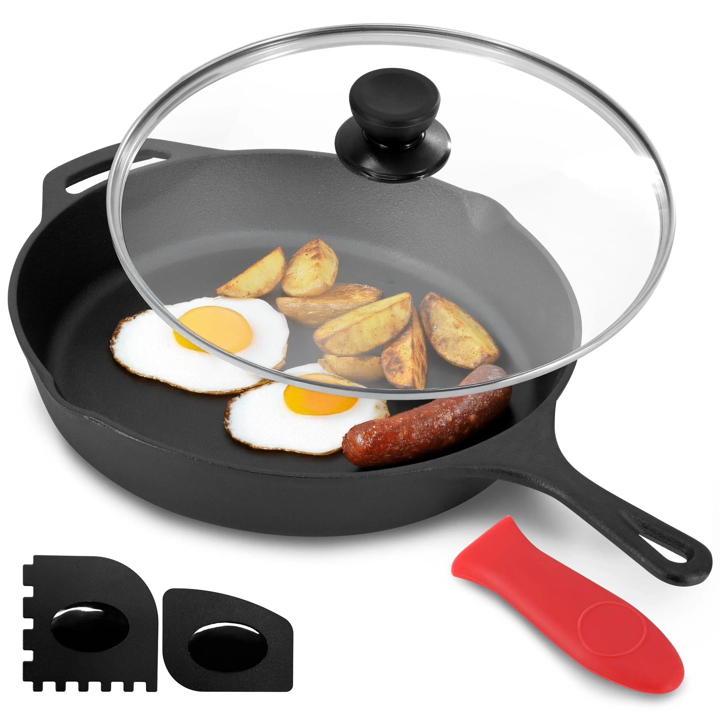 12 Inch Pre-Seasoned Cast Iron Skillet Includes Glass Lid and Silicone Handle Cover