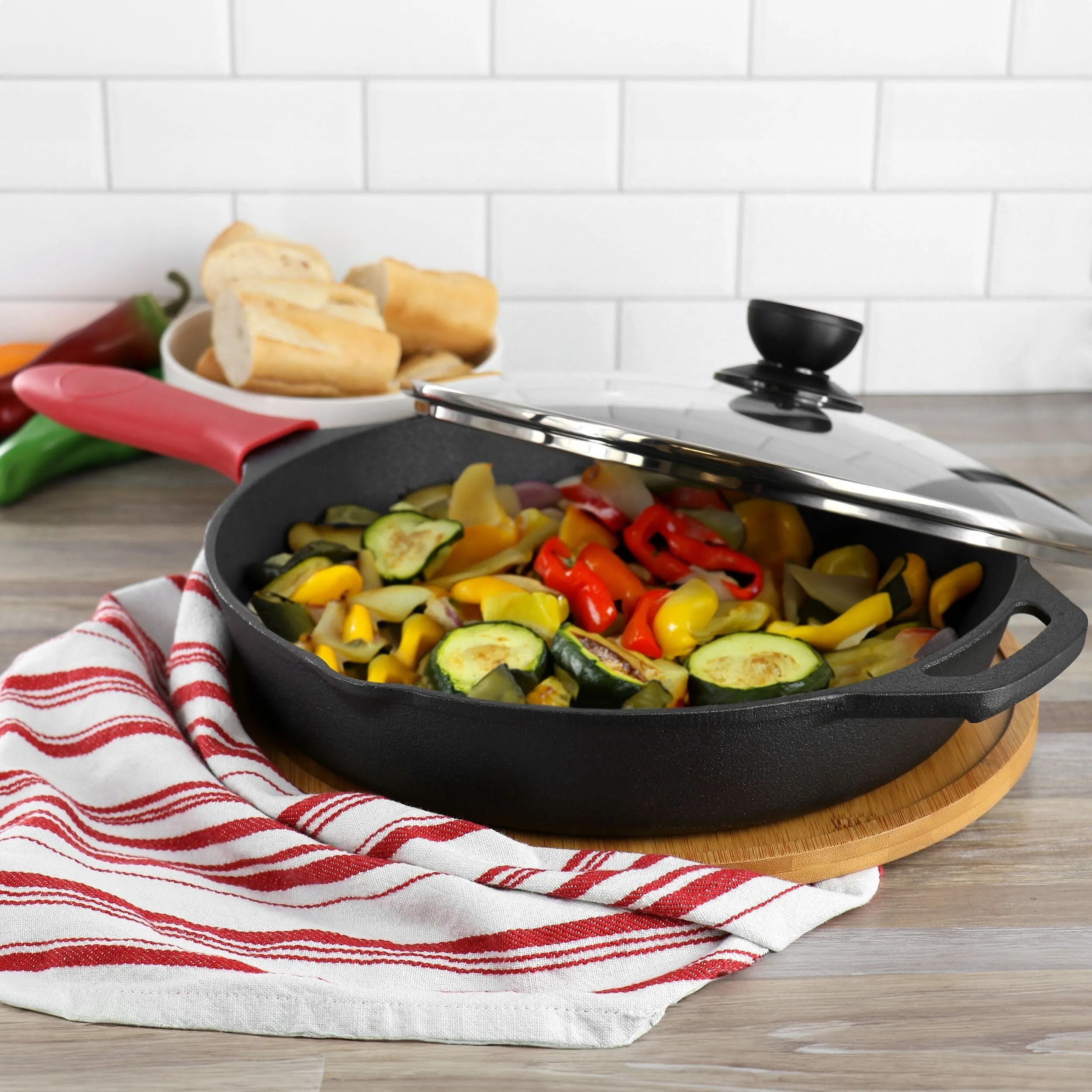 12 Inch Pre-Seasoned Cast Iron Skillet Includes Glass Lid and Silicone Handle Cover
