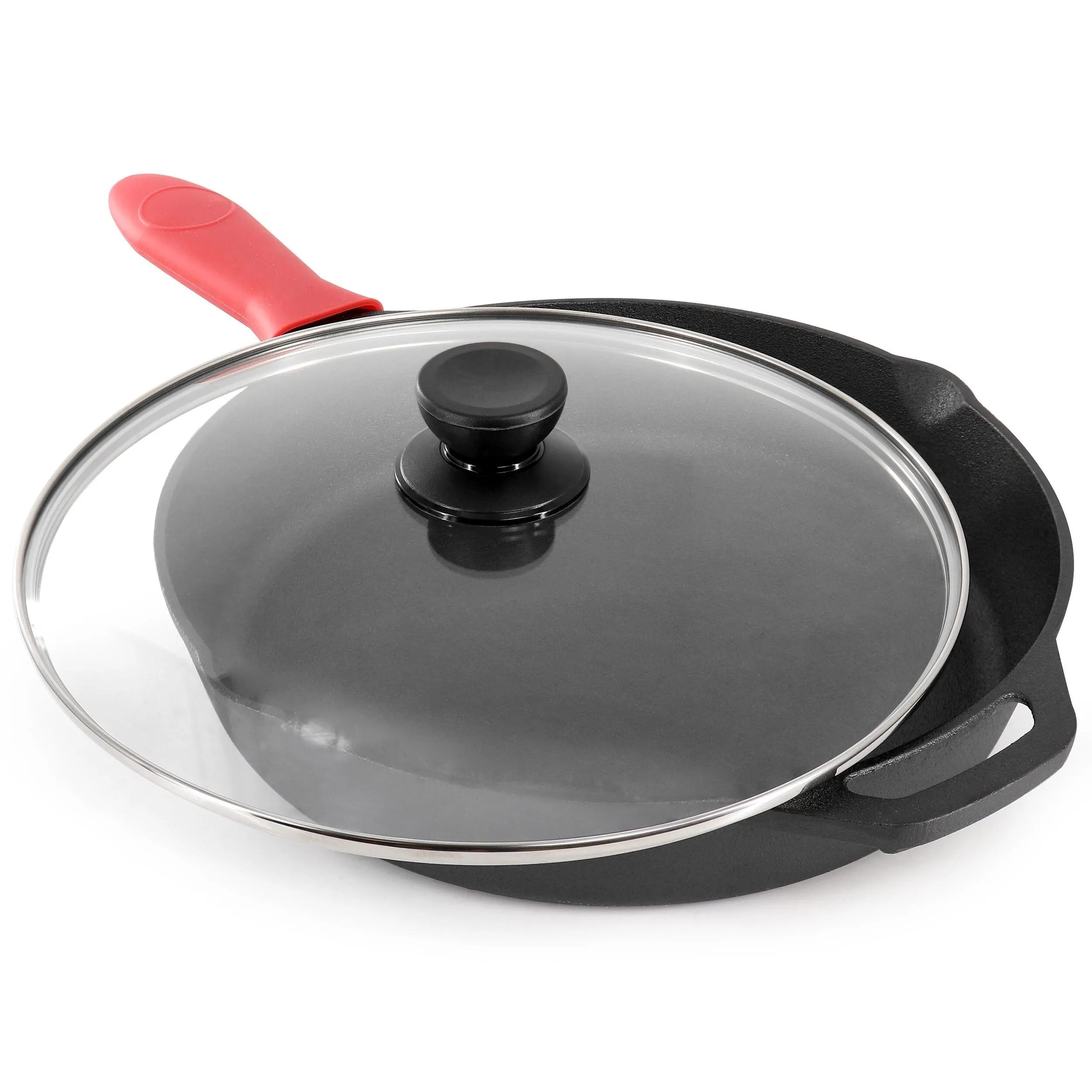 12 Inch Pre-Seasoned Cast Iron Skillet Includes Glass Lid and Silicone Handle Cover
