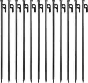 12 Pcs 16 Inch Tent Stakes Heavy Duty Metal Tent Pegs, Camping Steel Tent Stakes for Unbreakable and Inflexible Camping Backyard Rocky Ground
