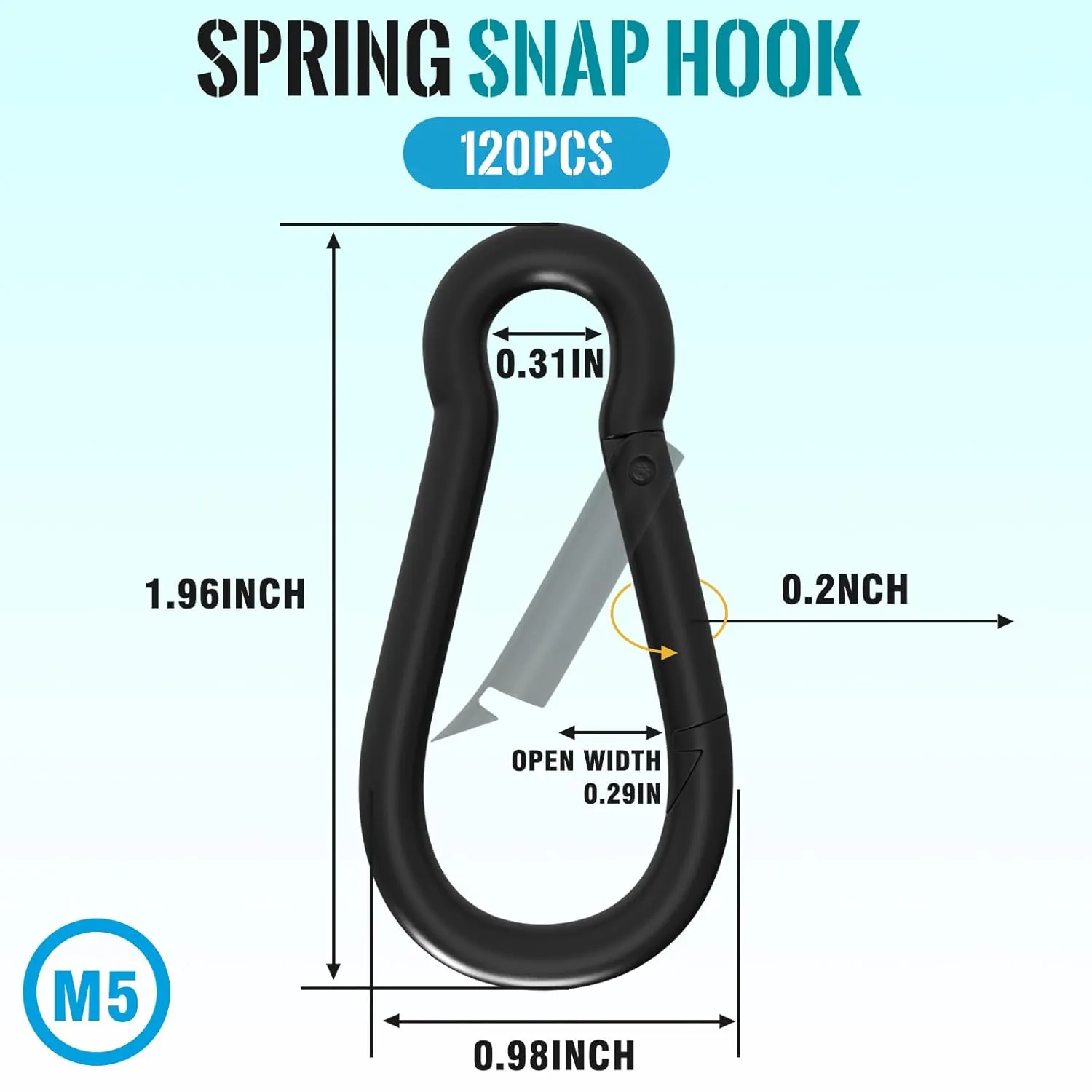 120PCS M5 Carabiner Clips, 2 Inch Heavy Duty Spring Snap Hook, Quick Links Keychain Hook for Outdoor Camping, Swing Hammock, Gym, 200LBS Holding Capacity, Black