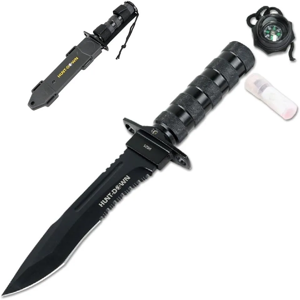 12" All Black Fixed Blade Survival Knife - Survival Kit & Compass