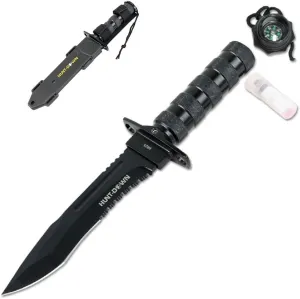 12" All Black Fixed Blade Survival Knife - Survival Kit & Compass