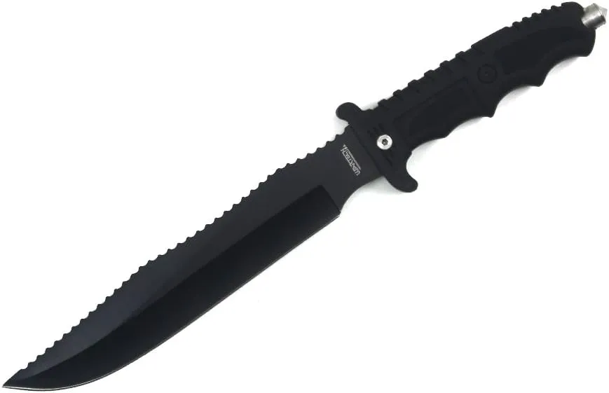 13.5" Black Tactical Fixed Blade Survival Knife with Glass Breaker and Saw