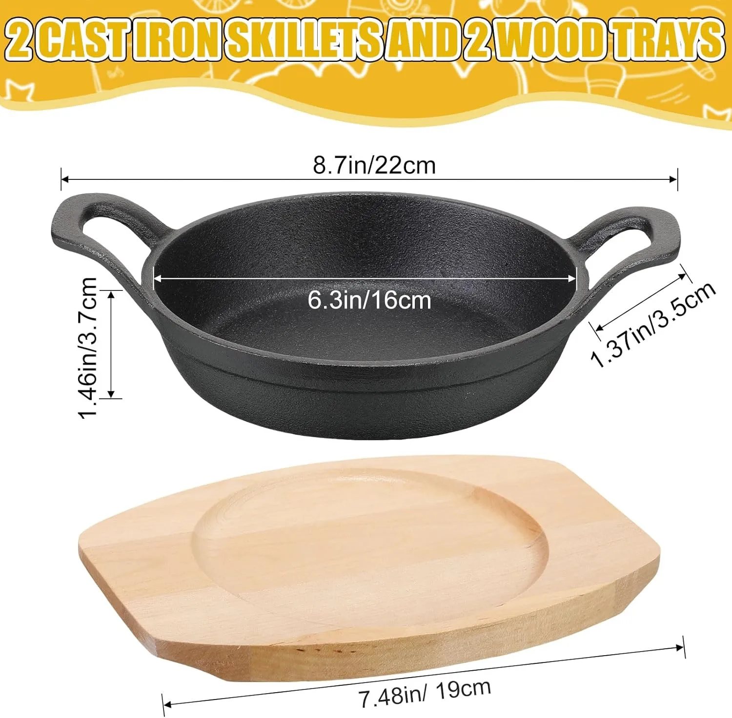 2 Set Small Cast Iron Skillets with Wooden Base Mini Round Cast Iron Skillets Heavy Duty Fajita Plate Steak Dish Pan for Kitchen Restaurant Barbecue(6.3 Inches)