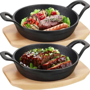 2 Set Small Cast Iron Skillets with Wooden Base Mini Round Cast Iron Skillets Heavy Duty Fajita Plate Steak Dish Pan for Kitchen Restaurant Barbecue(6.3 Inches)