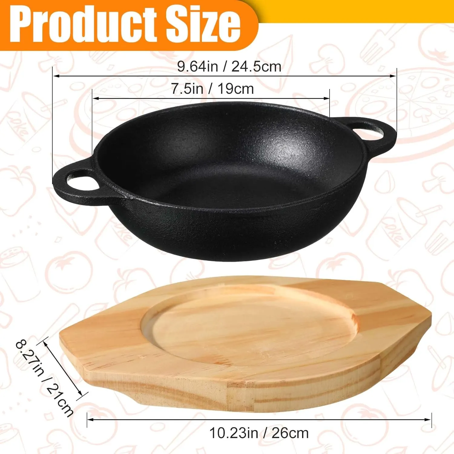 2 Sets Mini Cast Iron Skillet with Wooden Base Small Cast Iron Plates Skillet Pan Round Fajita Plate Hot Steak Pot Dish for Baking Cooking(7.5 Inch)