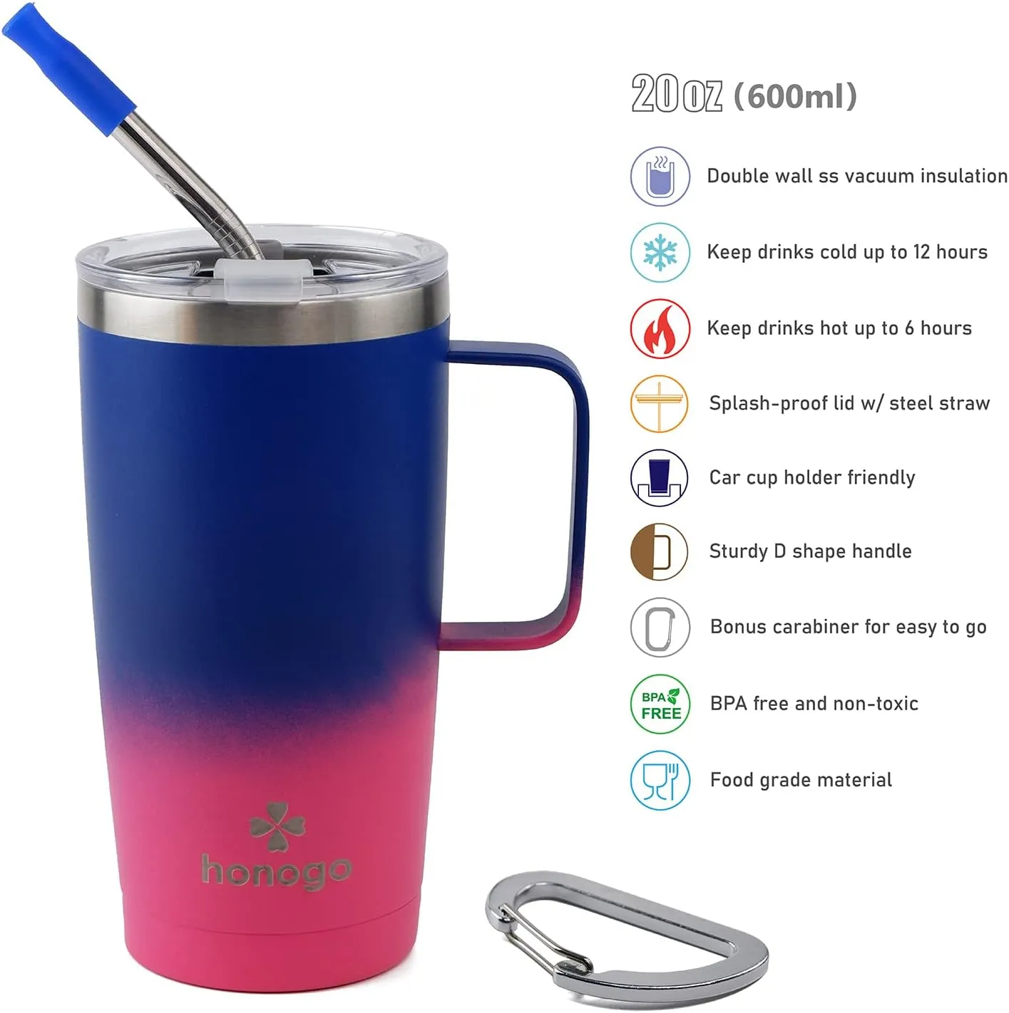 20 oz Stainless Steel Vacuum Insulated Tumbler with Lid and Straw, Thermal Travel Coffee Mug with Handle, Keep Hot & Cold, Water Canteen, Beer Cup, Spill proof, BPA free (Navy Pink)