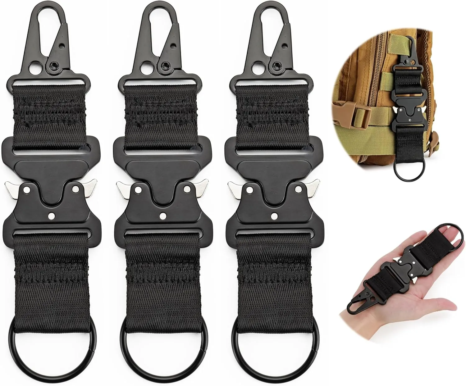 (3 Pack) Quick Release Carabiner, MOZETO Military Keychain EDC Gear Clips for Camping, Hiking, Fishing and Key Organizer