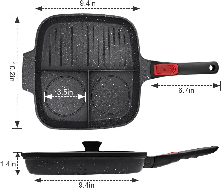 3 Section Grill Pan for Stove Tops with Detachable Handle, Nonstick Versatile Griddle Pan with Lid, Square Skillet PFOA Free, Black