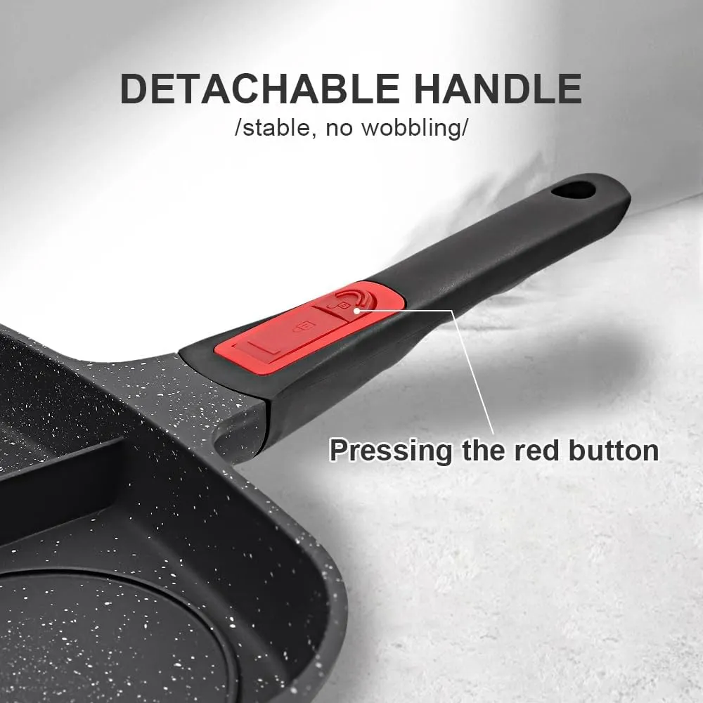 3 Section Grill Pan for Stove Tops with Detachable Handle, Nonstick Versatile Griddle Pan with Lid, Square Skillet PFOA Free, Black