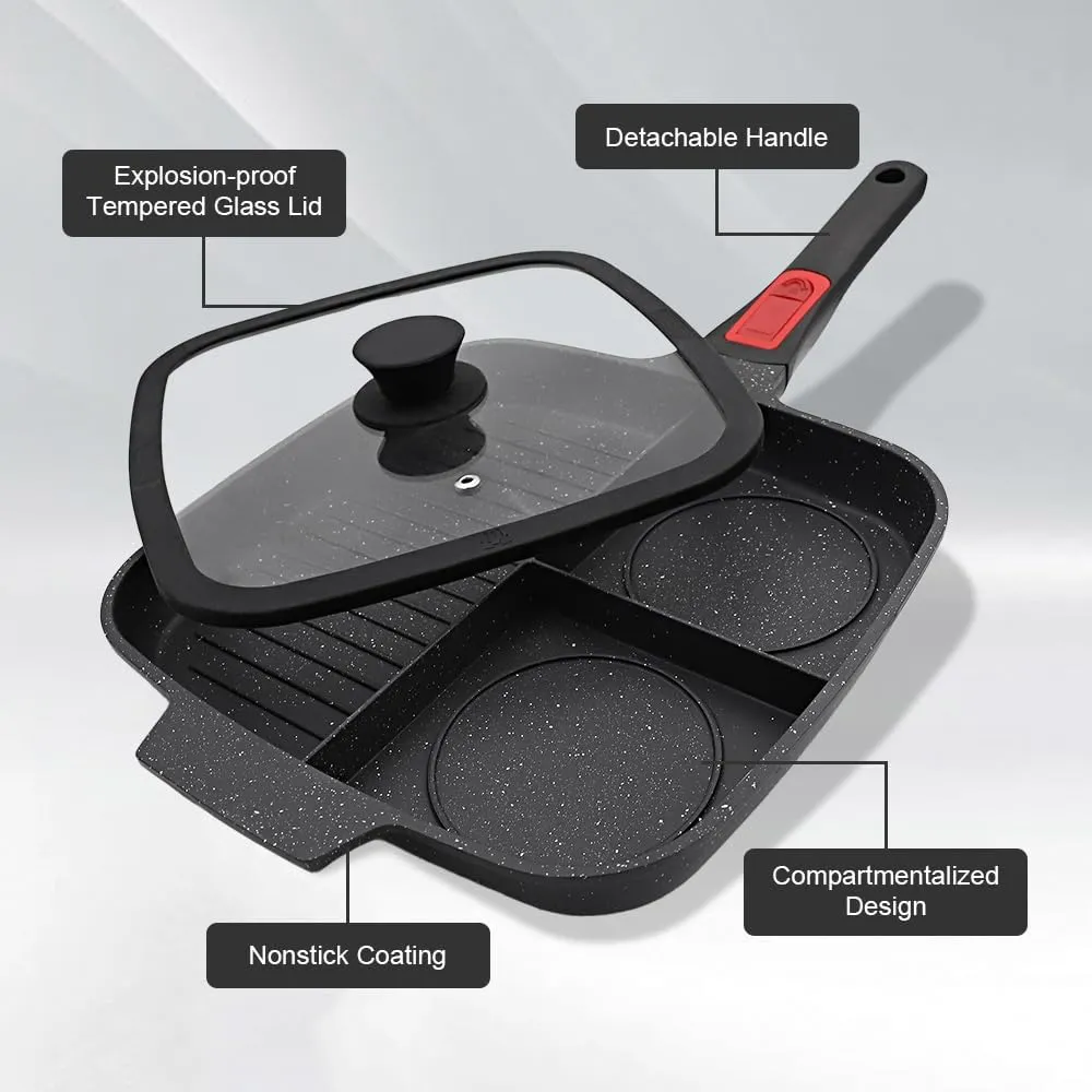 3 Section Grill Pan for Stove Tops with Detachable Handle, Nonstick Versatile Griddle Pan with Lid, Square Skillet PFOA Free, Black