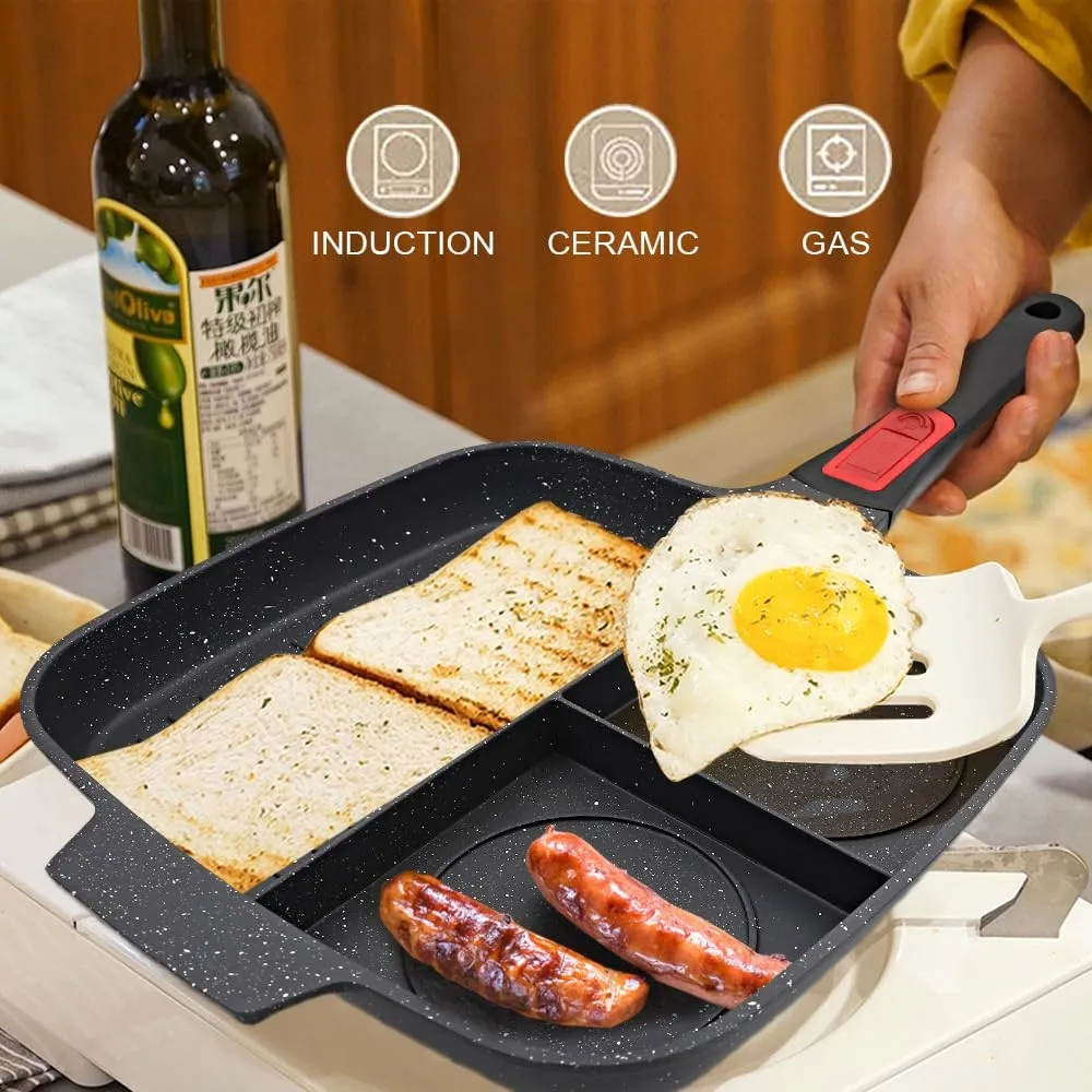 3 Section Grill Pan for Stove Tops with Detachable Handle, Nonstick Versatile Griddle Pan with Lid, Square Skillet PFOA Free, Black