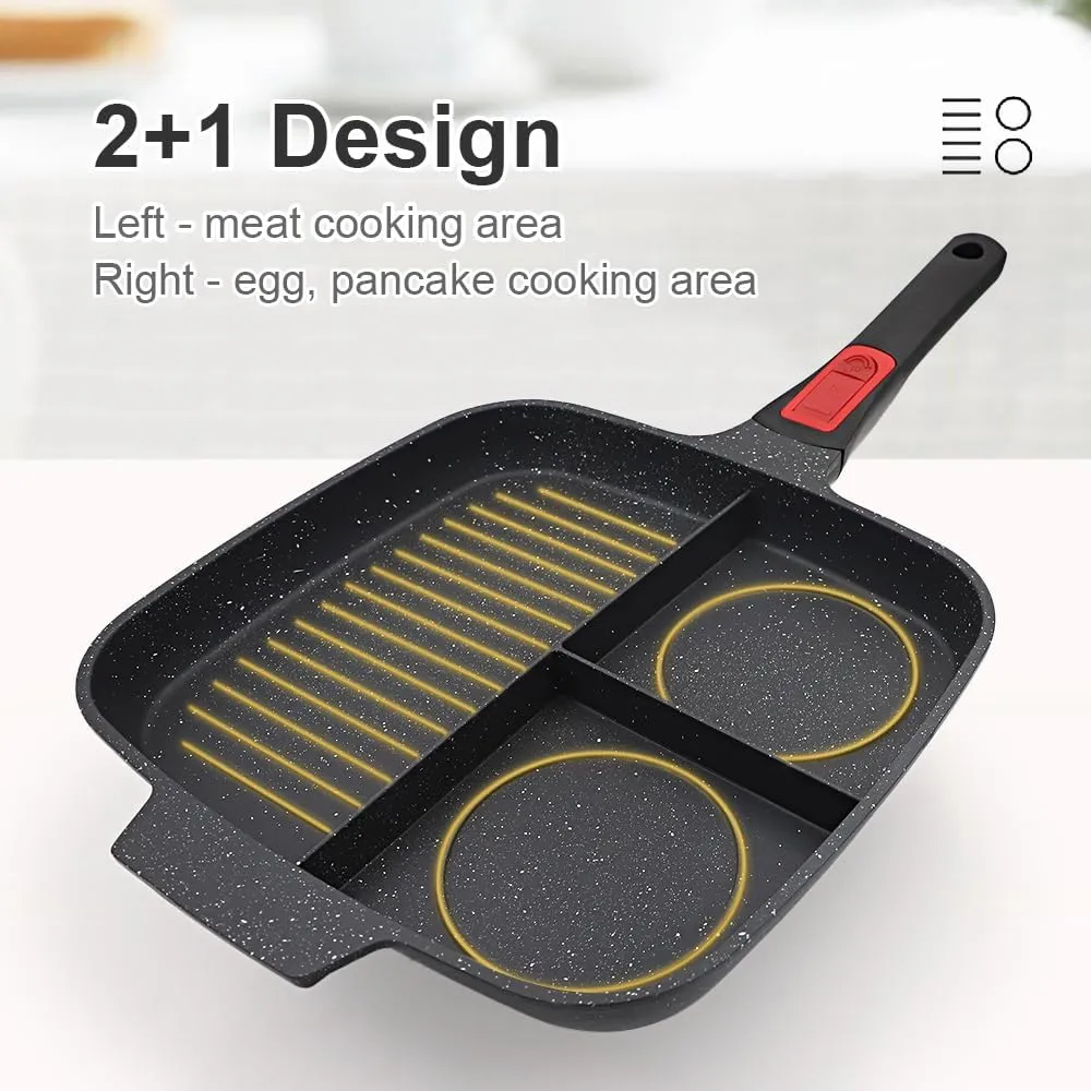 3 Section Grill Pan for Stove Tops with Detachable Handle, Nonstick Versatile Griddle Pan with Lid, Square Skillet PFOA Free, Black