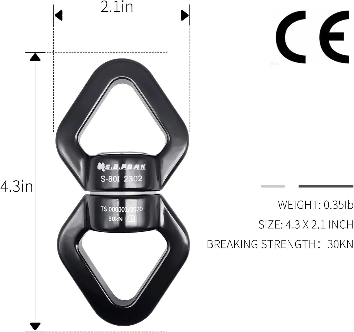 30kN Swing Swivel, CE Certified Safe Swivel Hook, 360°Rotational Device, Silent Hanging Accessory for Tree Swing, Aerial Dance, Swing Spinner Hanger, Rock Climbing, Hanging Hammock,Carabiner