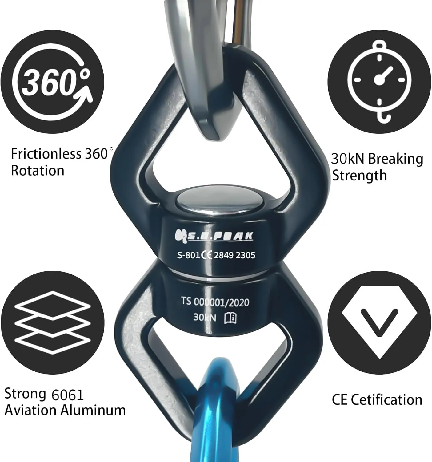 30kN Swing Swivel, CE Certified Safe Swivel Hook, 360°Rotational Device, Silent Hanging Accessory for Tree Swing, Aerial Dance, Swing Spinner Hanger, Rock Climbing, Hanging Hammock,Carabiner