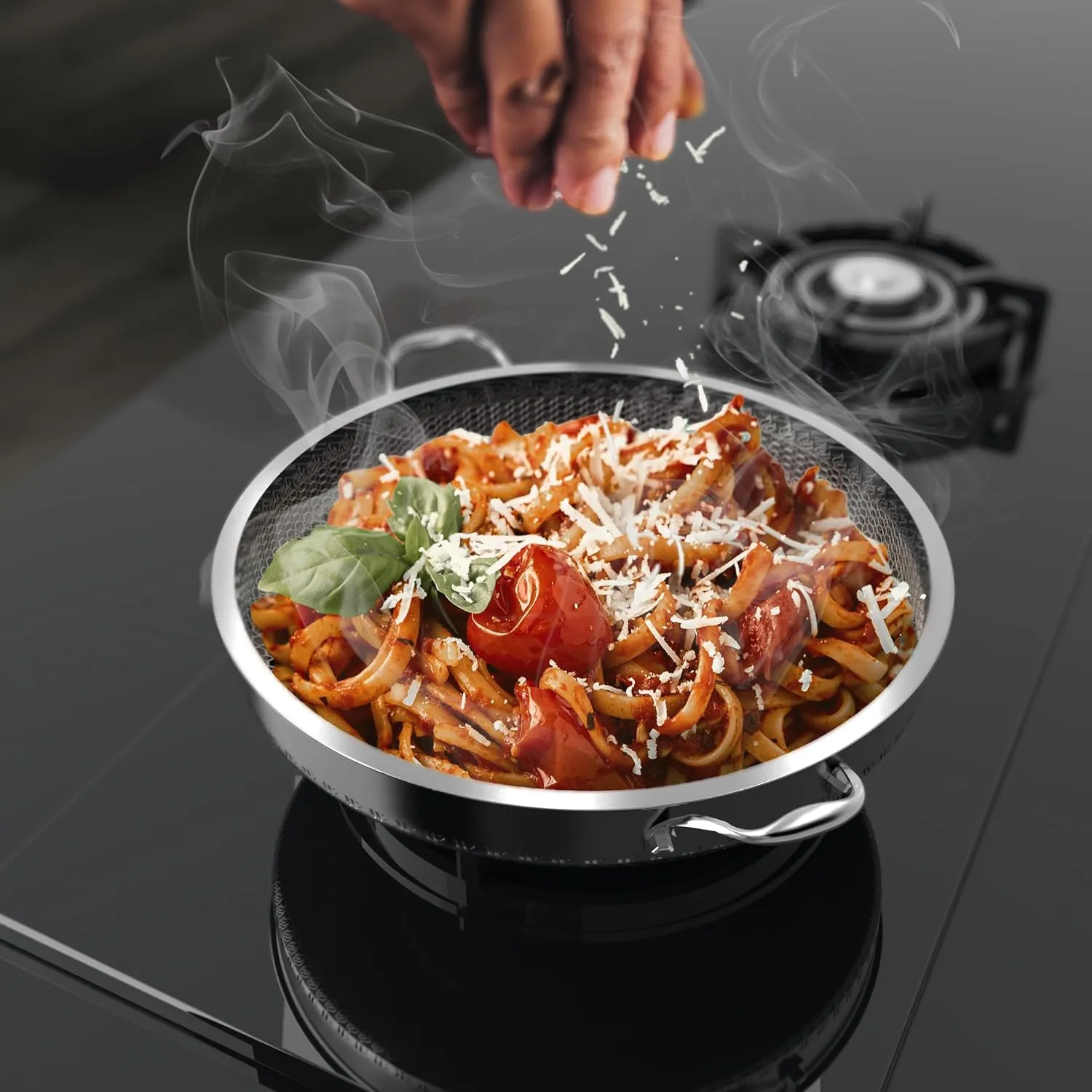 316L Stainless Steel 5QT Saute Pan Hexagon Nonstick Wok with Lid, Two Handle to Hold, PFOA Free, Dishwasher Oven Safe (12 inches,5QT)