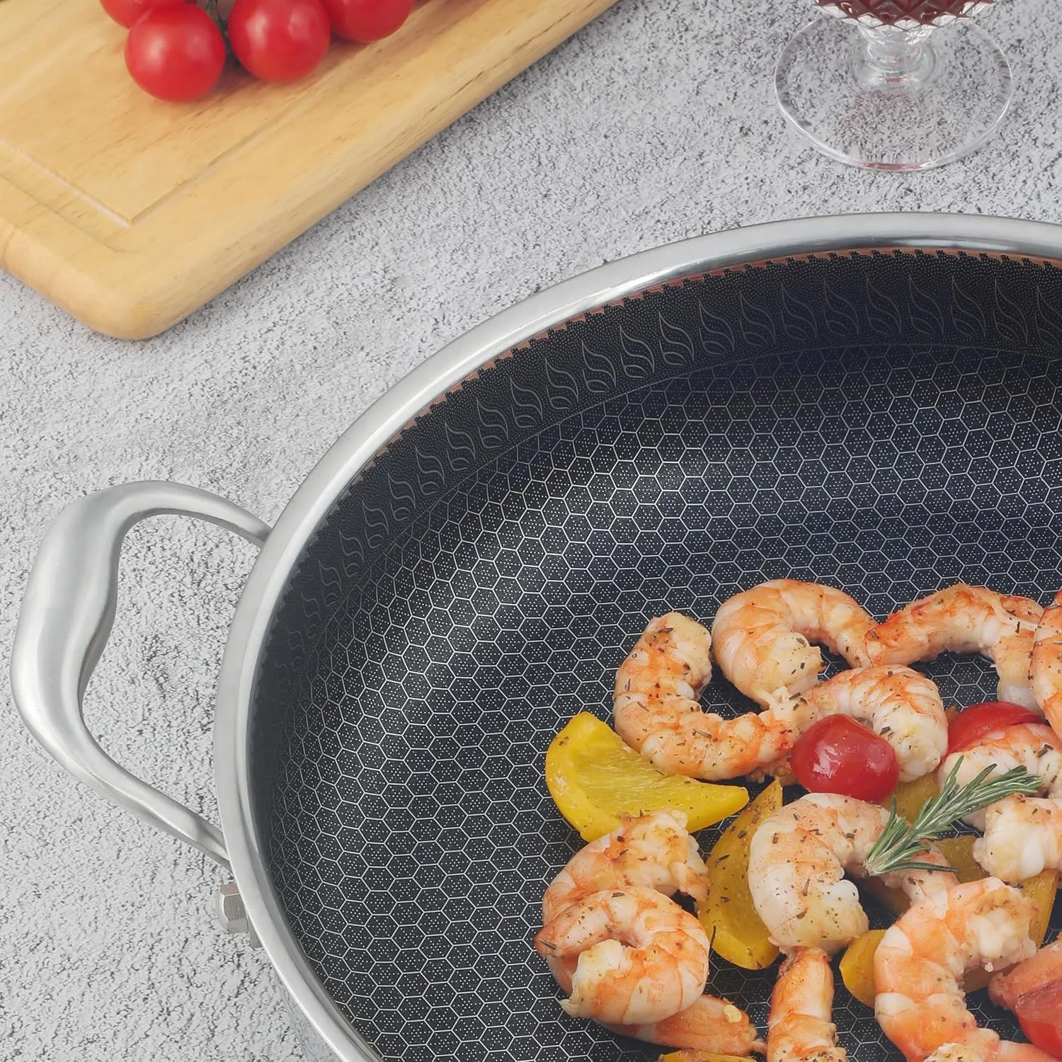 316L Stainless Steel 5QT Saute Pan Hexagon Nonstick Wok with Lid, Two Handle to Hold, PFOA Free, Dishwasher Oven Safe (12 inches,5QT)