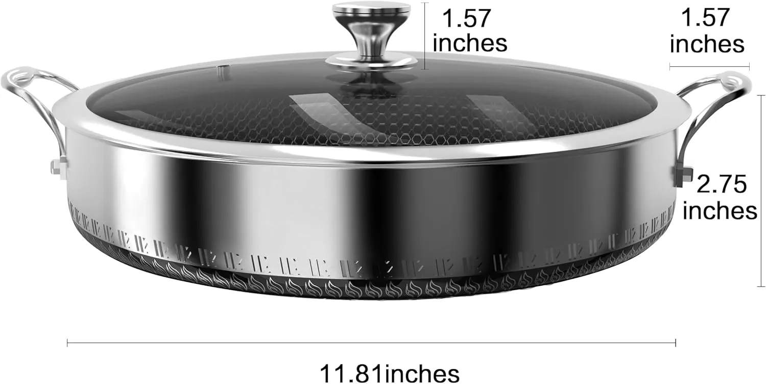 316L Stainless Steel 5QT Saute Pan Hexagon Nonstick Wok with Lid, Two Handle to Hold, PFOA Free, Dishwasher Oven Safe (12 inches,5QT)