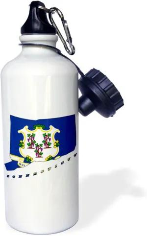 3dRose "Connecticut state flag in the outline map and letters of Connecticut" Sports Water Bottle, 21 oz, White
