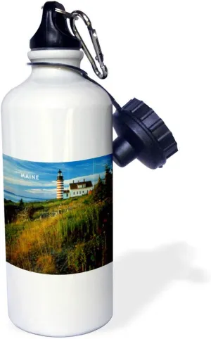 3dRose "Quoddy Head Lubec Maine Lighthouse" Sports Water Bottle, 21 oz, White