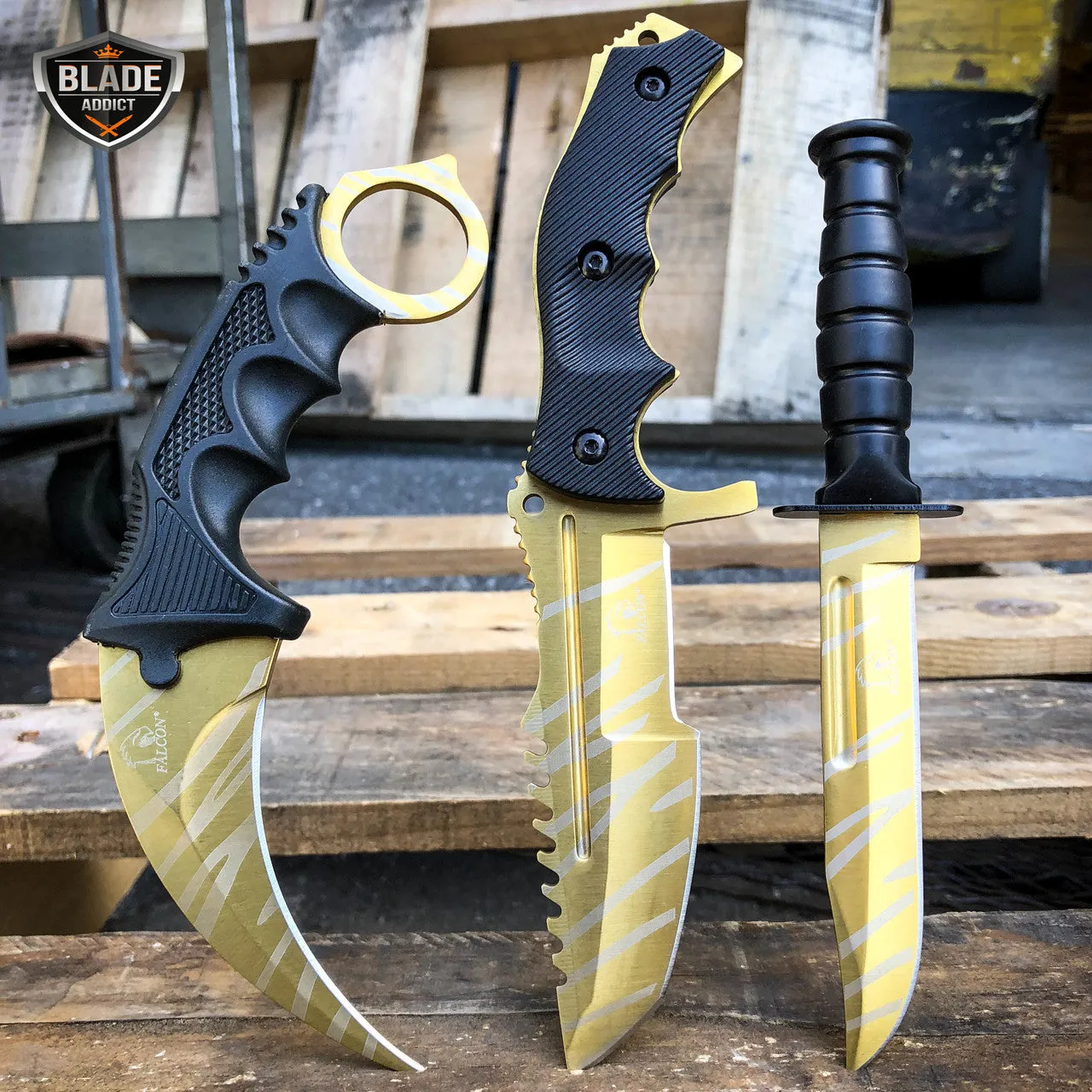 3PC COMBO CSGO Tactical FIXED BLADE Knife Set - Karambit, Huntsman, Combat Knife