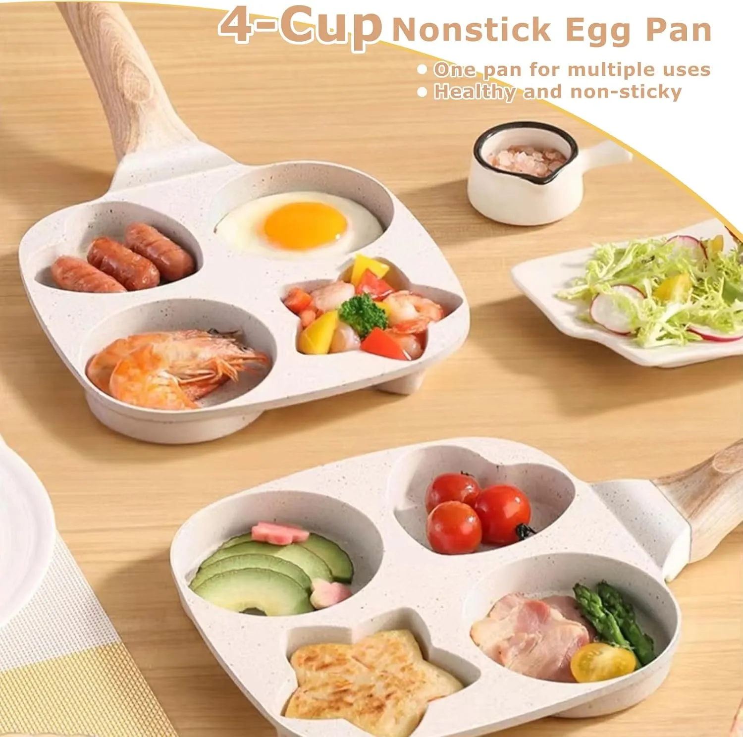 4-Cup Egg Frying Pan, Breakfast Frying Pan for Cooking Eggs, Burger or Bacon, Heart Shaped Egg Frying Pan with Anti-scald Handle, Suitable for Gas Stove & Induction Compatible (White)