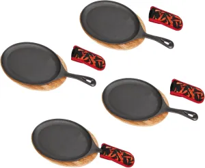 4 PCS Fajita Skillet, Cast Iron Skillet Set, Sizzler Plates With Wooden Base And Handle Cover, Steak Plates, Cast Iron Plates for Home Party Eating