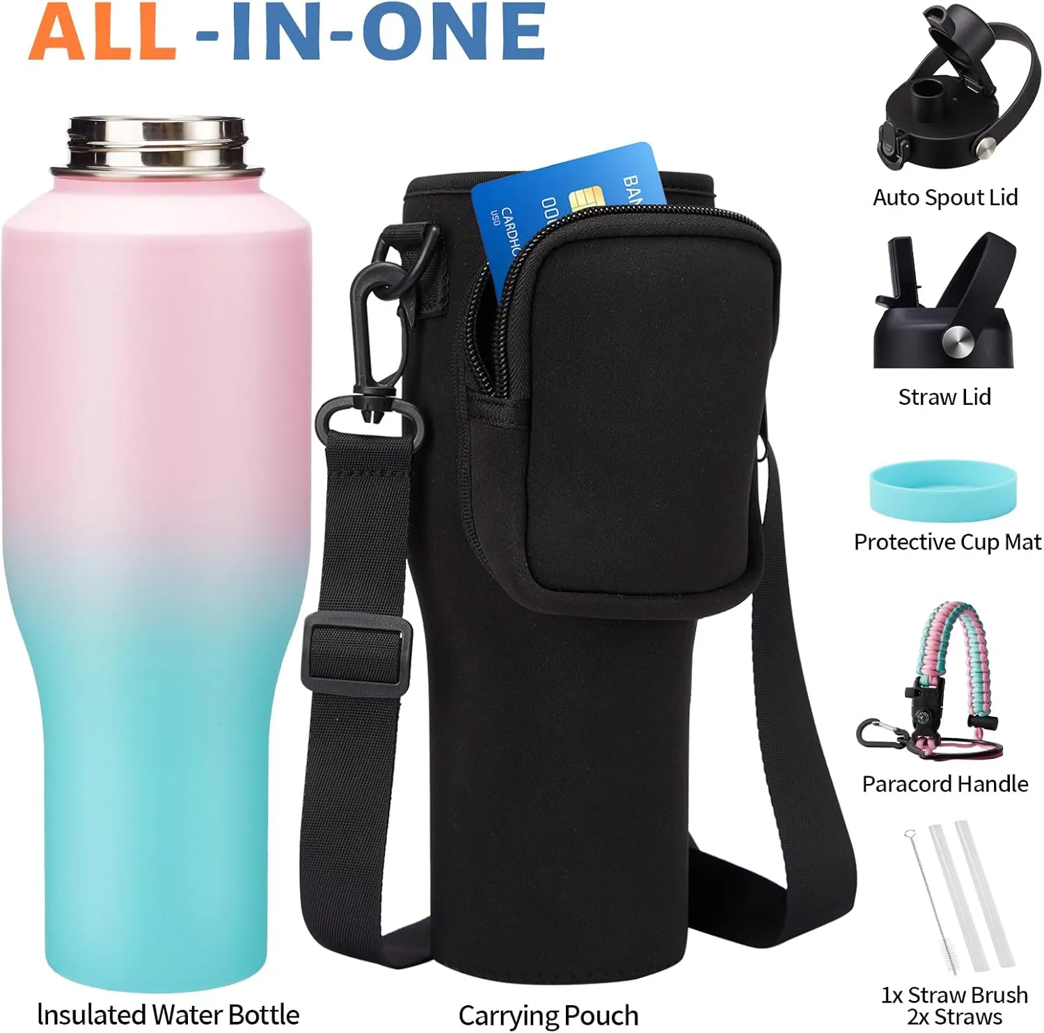 40oz Stainless Steel Water Bottles - Leak-Proof Insulated Tumblers with Straw Keep Cold 48H & Hot 24H, Vacuum Metal Coffee Mug Tumbler 40oz Water Bottle That Fits In Car Cup Holder