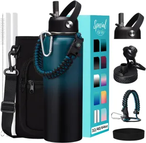 40OZ Vacuum Insulated Water Bottle - Keep Cold 48H Hot 24H, Combo Straw & Spout Lids, Survival Paracord Handle, Bottle Carrier Bag w/ Strap, Protective Cup Mat, Stainless Steel Waterbottle Flask Jug